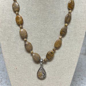 Jasper bead necklace with lovely Agate pendant, sterling silver